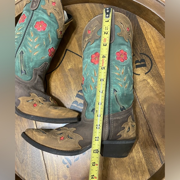 LAREDO Womens Tan Brown Teal Flower Cut Out Leather Western Cowgirl Boots Sz 6.5 - Picture 2 of 15